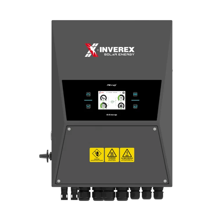 6.6kw-front Inverex Nitrox 6.6KW Hybrid Solar Inverter – 48V Single Phase 13,200W PV Input IP65 Rated 5 Year Warranty
