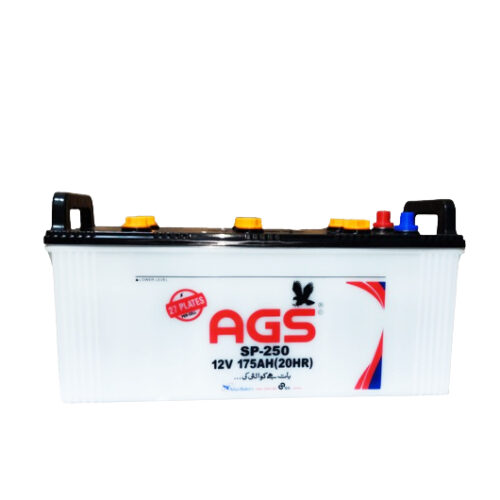 AGS SP 250 lead-acid battery with 175Ah capacity and 27 plates – storage for solar energy systems, UPS, and inverters in Pakistan, ensuring reliable backup and long-lasting performance in extreme weather conditions.