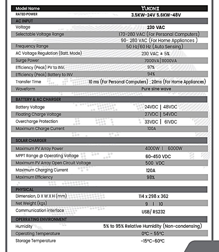 Inverex Yukon II 5.6 KW Solar Inverter Specifications & DataSheet