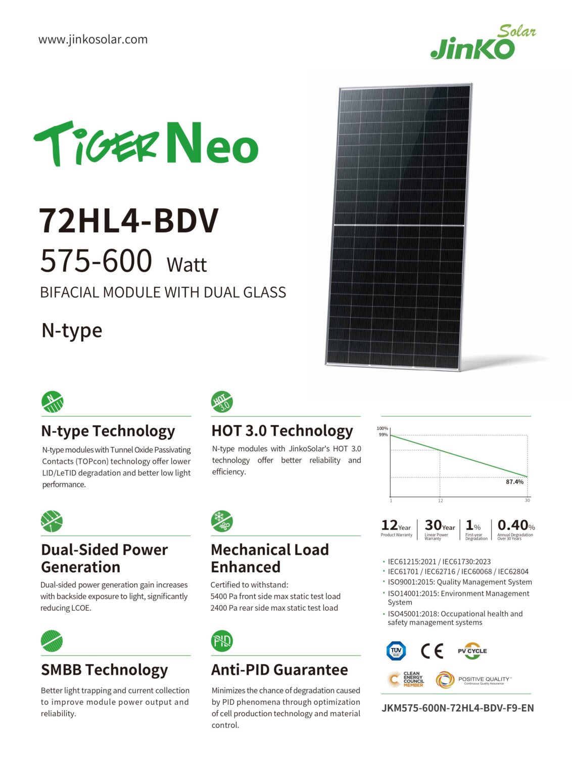 Jinko Tiger Neo 580W N-type Bifacial Solar Panel